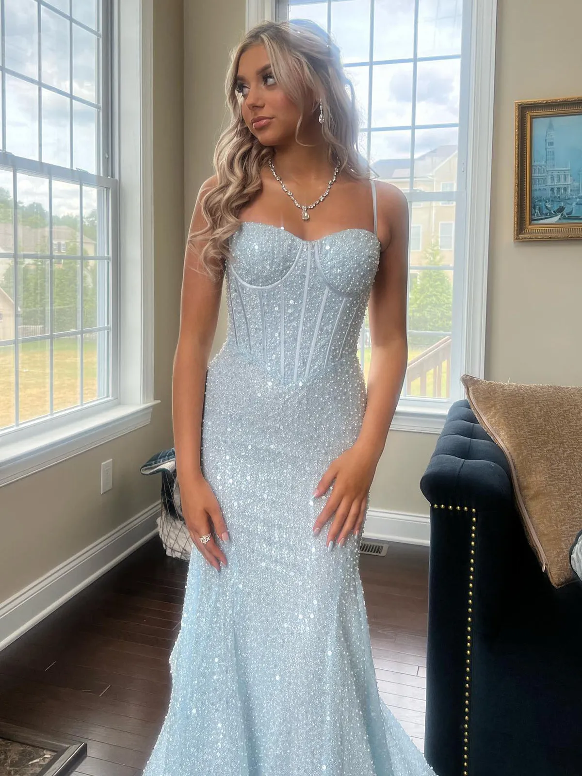 Mermaid Spaghetti Straps Sky Blue Sequins Prom Dresses sold by KissProm product image thumbnail 5