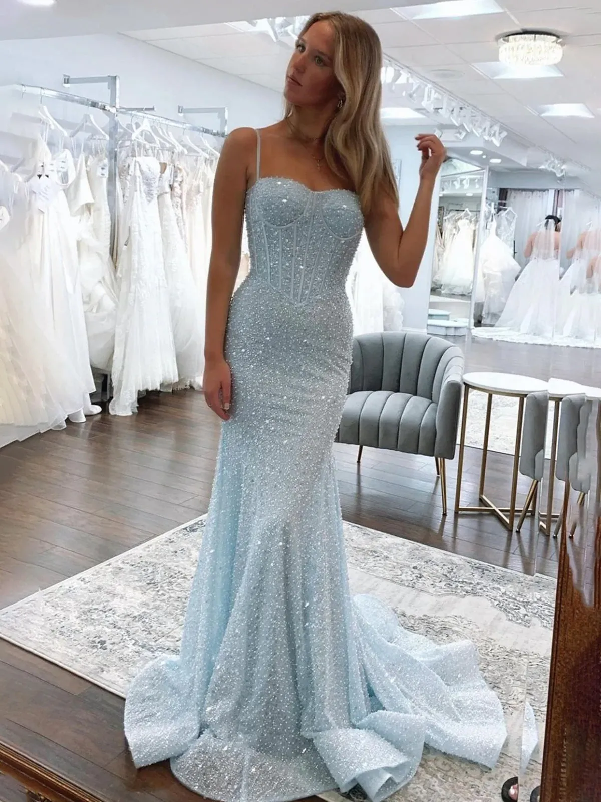 Mermaid Spaghetti Straps Sky Blue Sequins Prom Dresses sold by KissProm