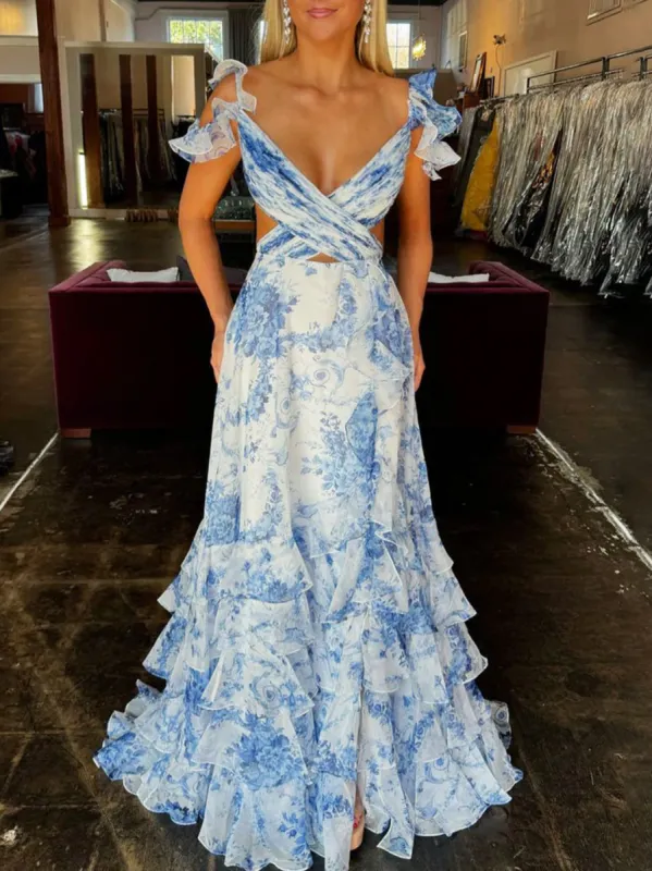 Jazzy | V Neck A-line Floral Printed Chiffon Slit Prom Dress sold by KissProm