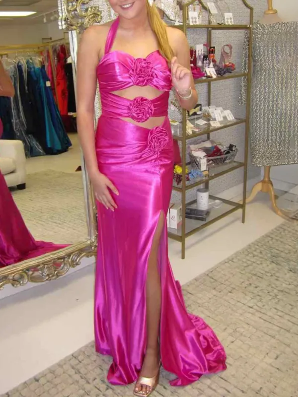 Floral Applique Halter Fuchsia Mermaid Prom Dress with Cut-out made by KissProm