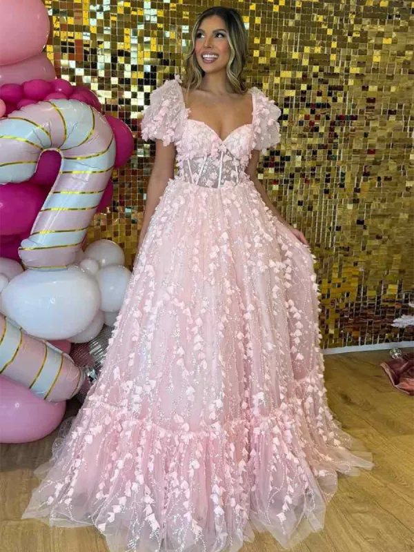 Keisha | Princess Pink Sweetheart Puffy Sleeeves Prom Dress with 3D Flower sold by KissProm