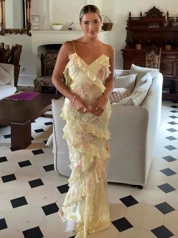 Zaylee | Yellow Spaghetti Straps Mermaid Long Prom Dress with Ruffles sold by KissProm