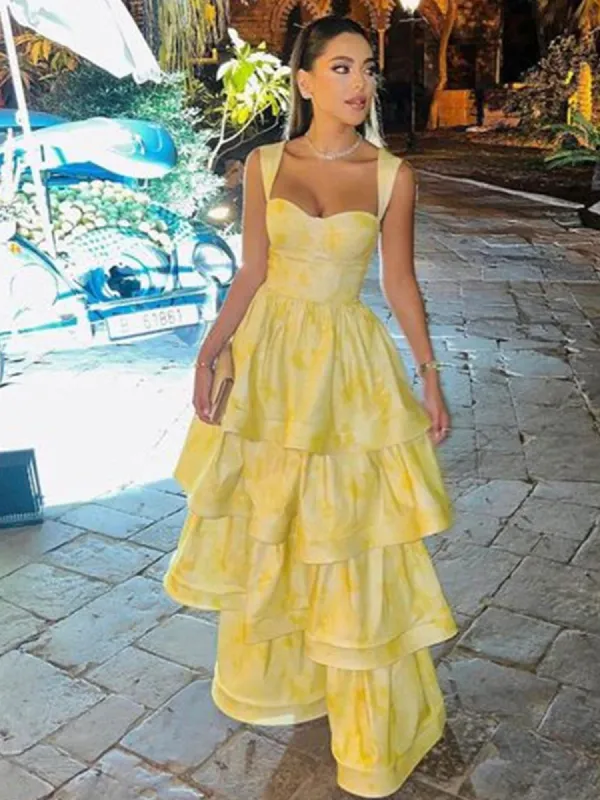 Alivia | Pastel Yellow Ruffle Tiered A-Line Long Party Prom Dress sold by KissProm