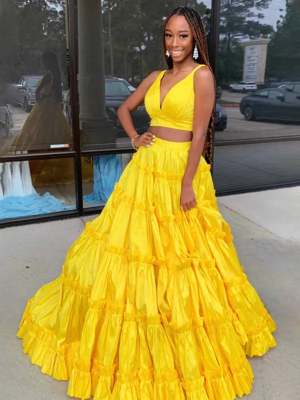 Aloe | A-Line Yellow V-Neck Ruffle Taffeta Two Piece Prom Dress sold by KissProm