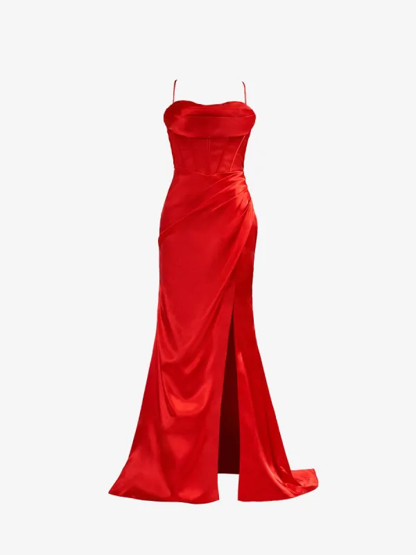 Aaliyah| Red Spaghetti Straps Satin Mermaid Prom Dress with Slit sold by KissProm