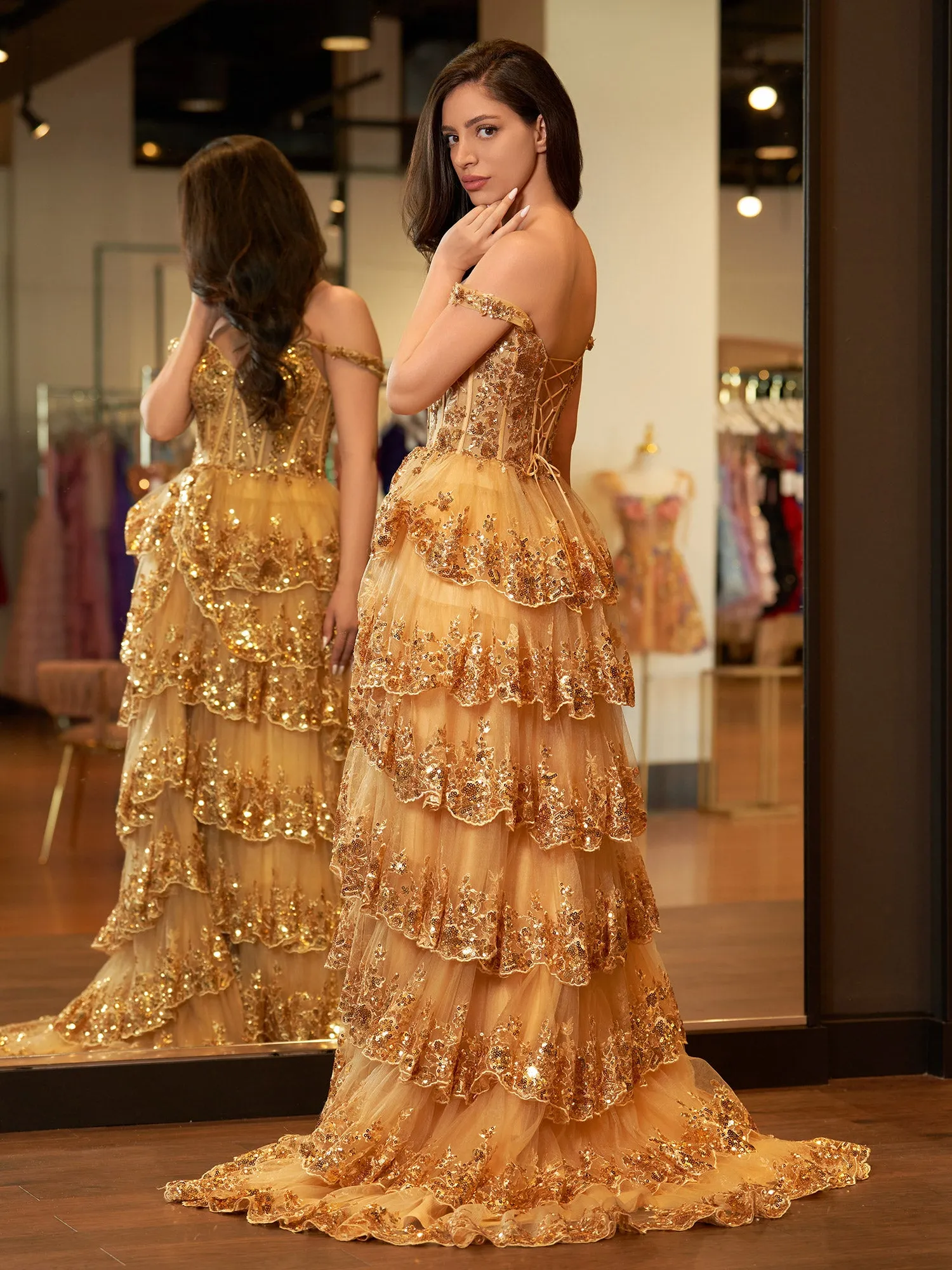 Gold Princess A Line Off the Shoulder Corset Prom Dress with Lace Ruffles sold by KissProm product image thumbnail 4