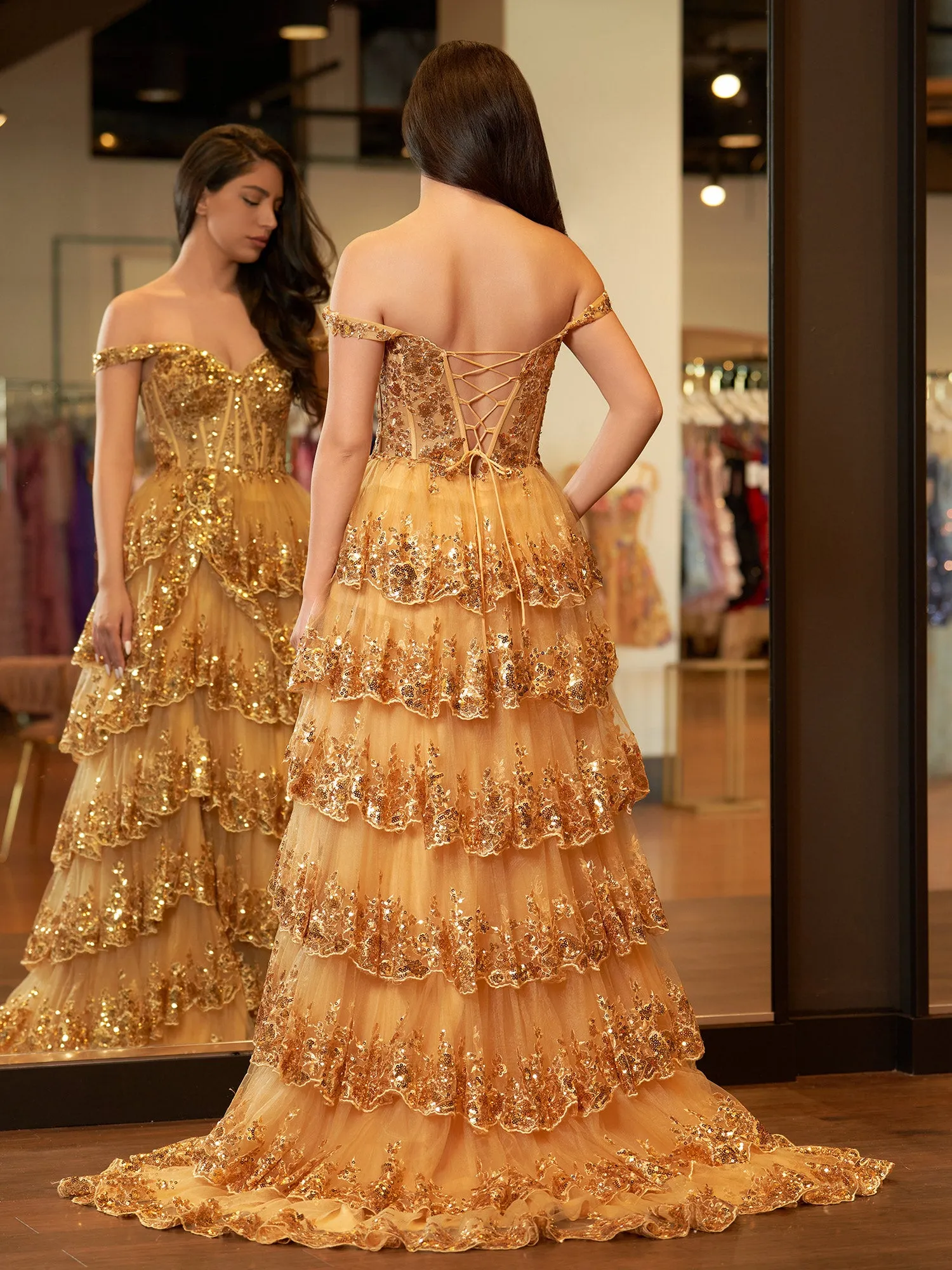 Gold Princess A Line Off the Shoulder Corset Prom Dress with Lace Ruffles sold by KissProm product image thumbnail 2