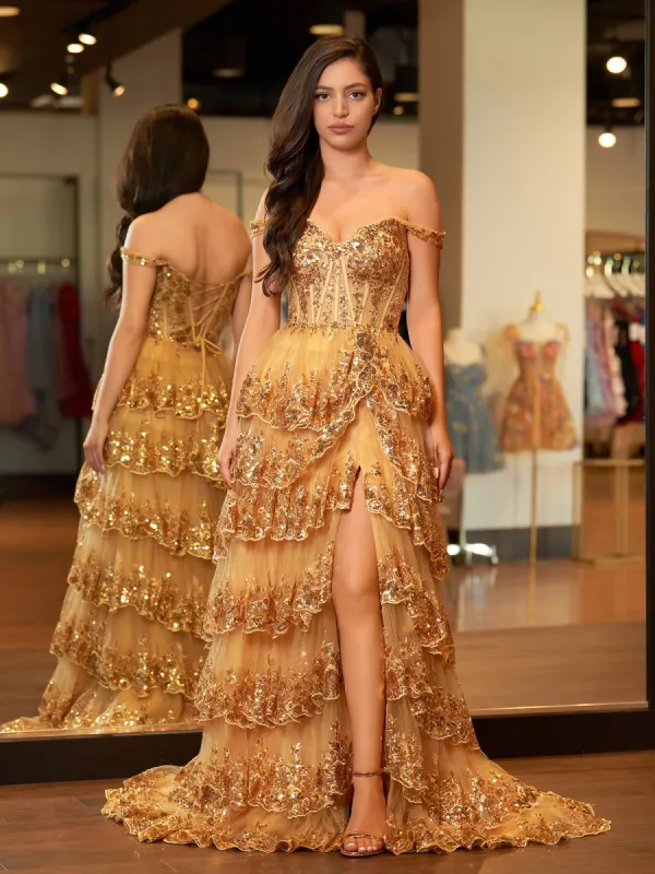 Gold Princess A Line Off the Shoulder Corset Prom Dress with Lace Ruffles sold by KissProm