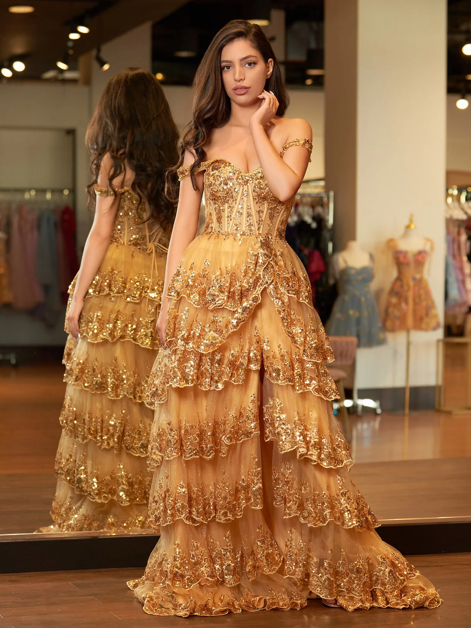 Gold Princess A Line Off the Shoulder Corset Prom Dress with Lace Ruffles sold by KissProm product image thumbnail 3