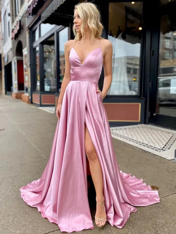 Valeria | Pink V Neck Satin Backless A Line Prom Dress With Pockets sold by KissProm