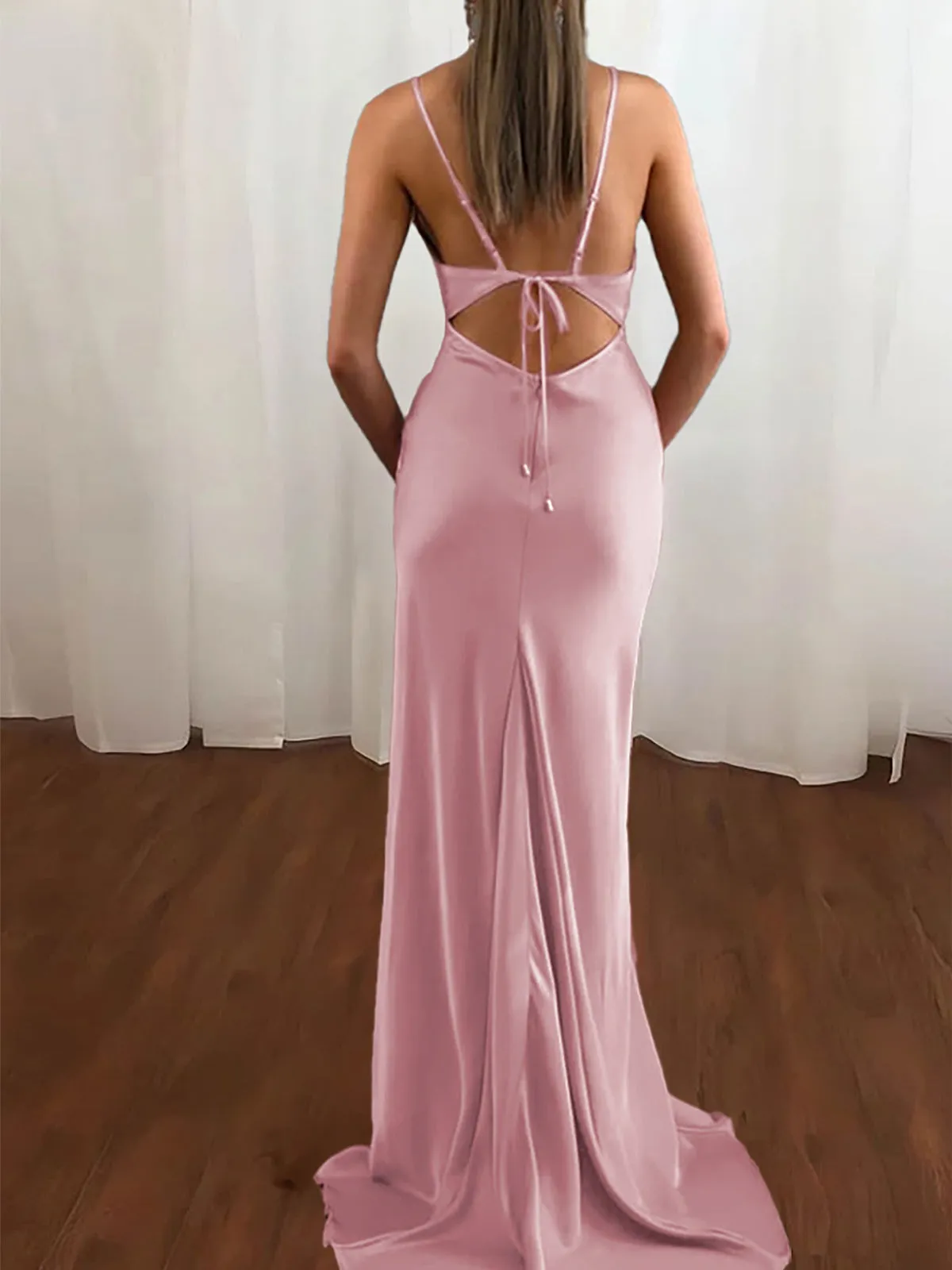 Zoe | Pink Spaghetti Straps Satin Mermaid Prom Dress sold by KissProm product image thumbnail 2