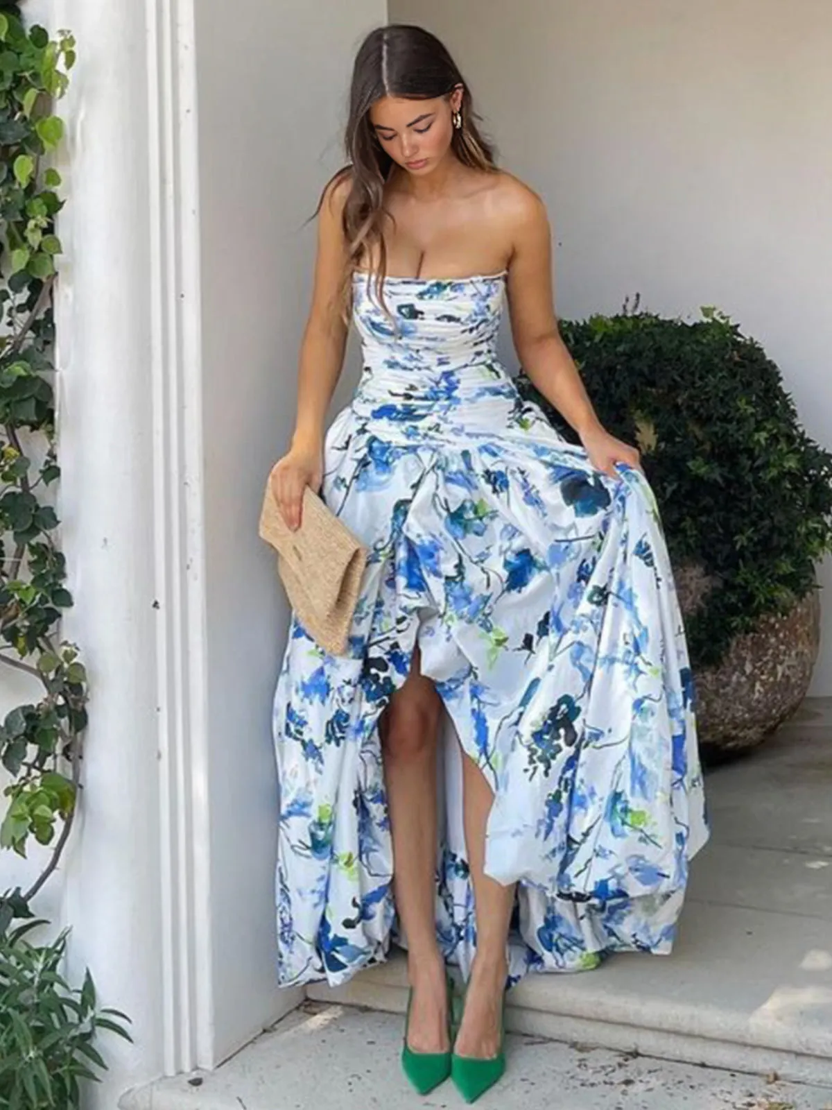 A-Line Blue Printed Strapless Long Prom Dress sold by KissProm product image thumbnail 3