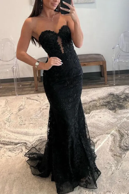 Black Sweetheart Lace Appliques Mermaid Long Prom Dresses made by KissProm