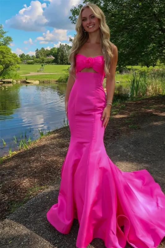 Tiff | Mermaid Sweetheart Pink Satin Prom Dress with Bow sold by KissProm