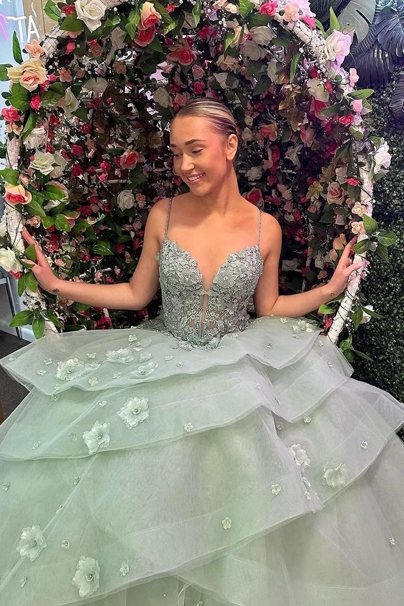 Madame | Green Sweetheart Ruffle Tiered Long Prom Dresses with Appliques sold by KissProm product image thumbnail 3