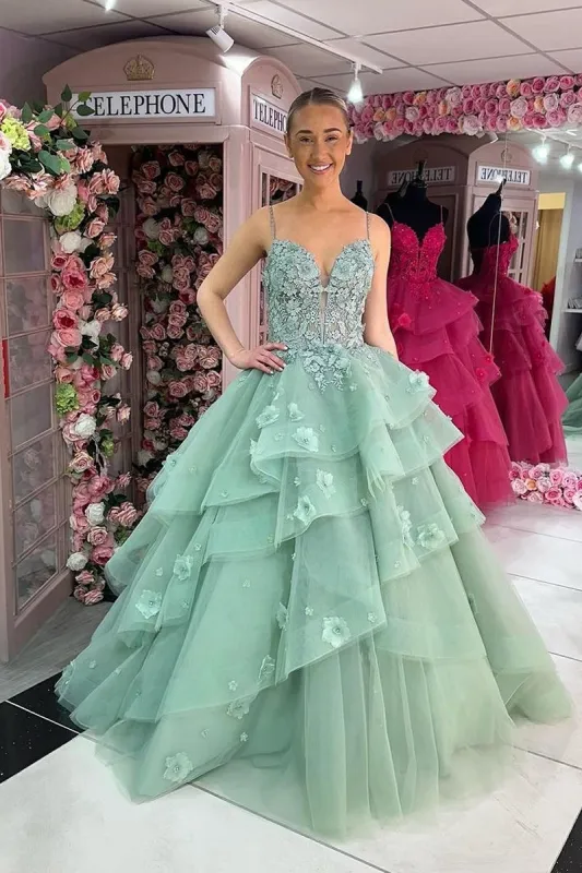 Madame | Green Sweetheart Ruffle Tiered Long Prom Dresses with Appliques sold by KissProm