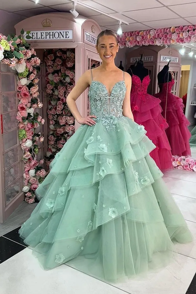 Madame | Green Sweetheart Ruffle Tiered Long Prom Dresses with Appliques sold by KissProm
