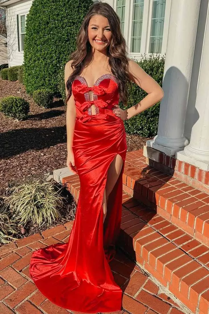 Entra | Red Strapless V-Neck Bow Mermaid Pleated Long Prom Dress with Slit sold by KissProm
