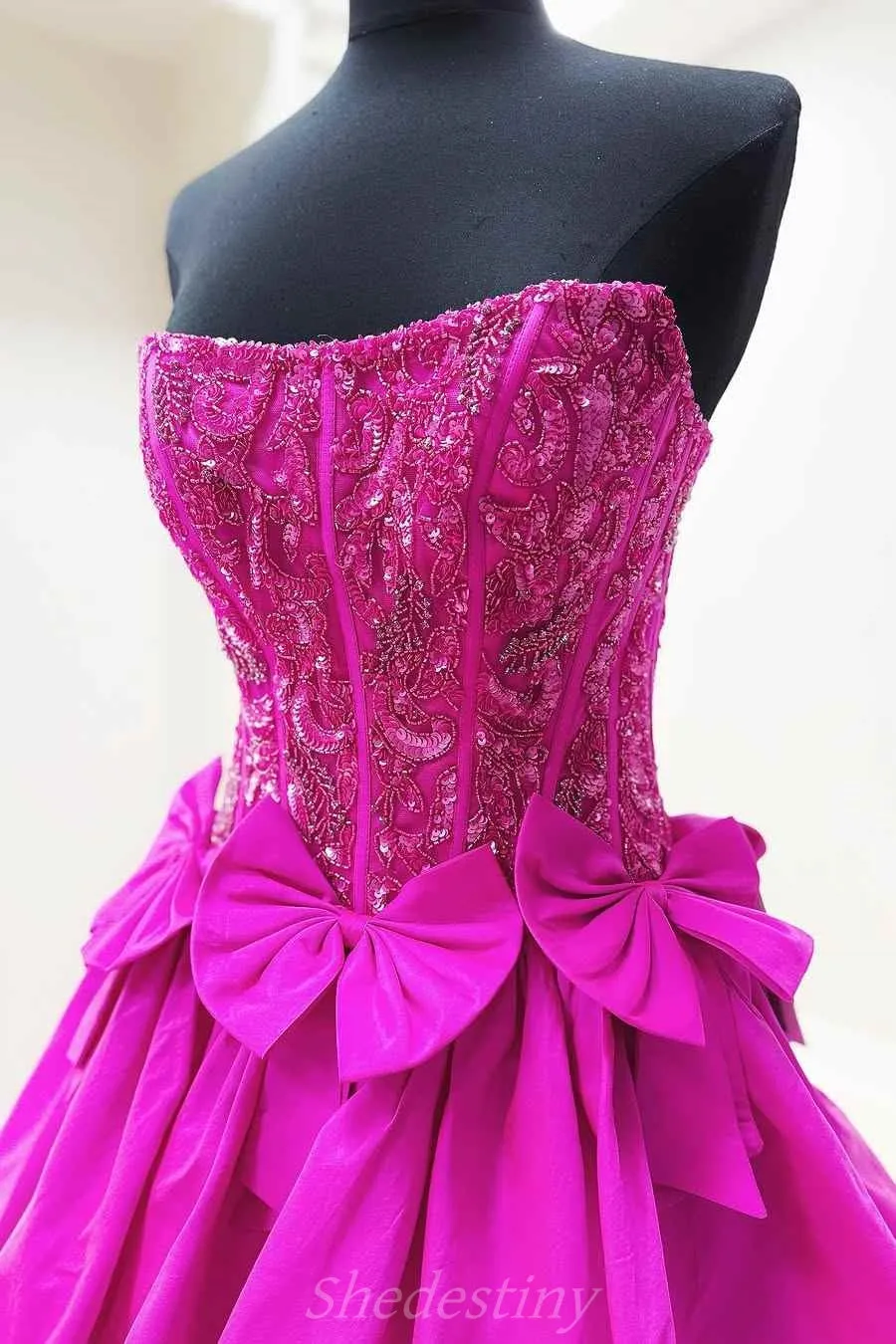 Ezekiel | Sequin Trered Fuchsia A-Line Strapless Corset Prom Dress with Bowknot sold by KissProm product image thumbnail 2