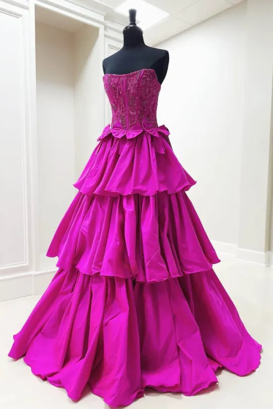 Ezekiel | Sequin Trered Fuchsia A-Line Strapless Corset Prom Dress with Bowknot sold by KissProm