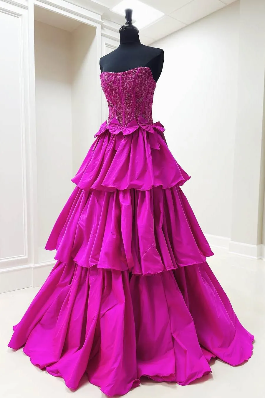 Ezekiel | Sequin Trered Fuchsia A-Line Strapless Corset Prom Dress with Bowknot sold by KissProm