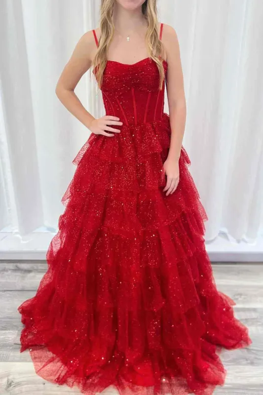 Isoline | Gorgeous Sparkle Tulle Red Spaghetti Straps Ruched Prom Dress sold by KissProm