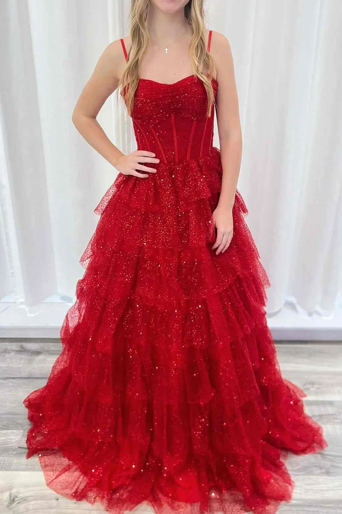 Gorgeous Sparkle Tulle Red Spaghetti Straps Ruched Prom Dress sold by KissProm