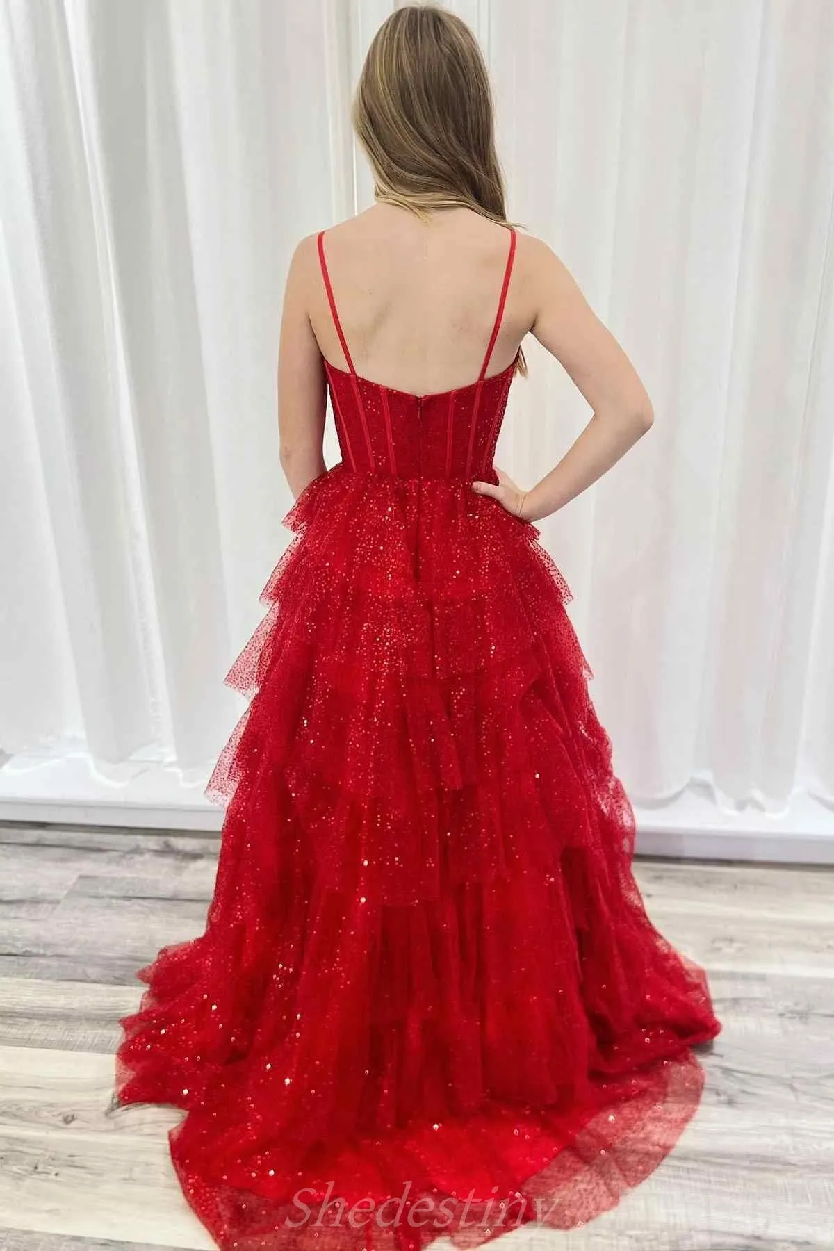 Gorgeous Sparkle Tulle Red Spaghetti Straps Ruched Prom Dress sold by KissProm product image thumbnail 3