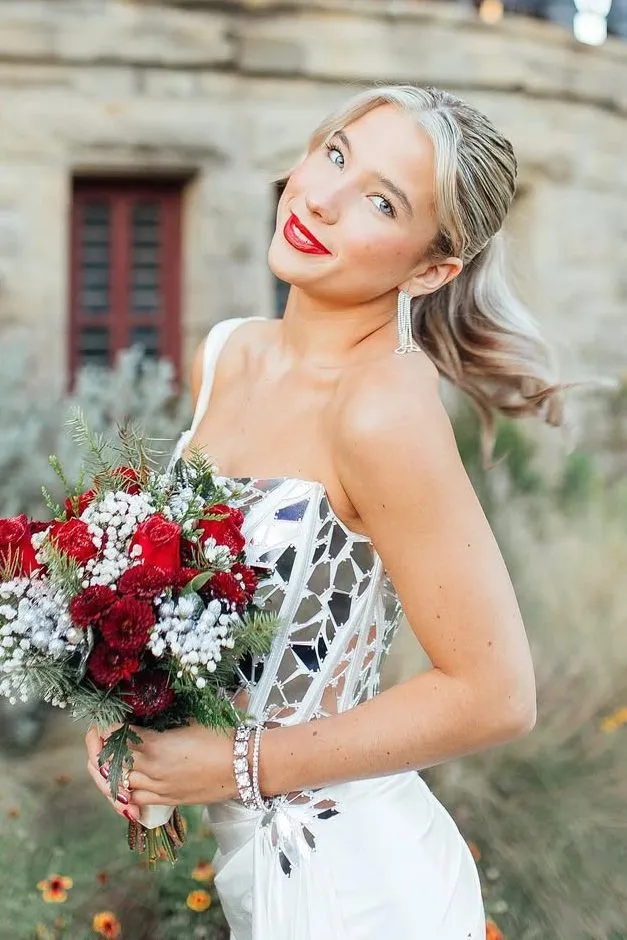 White One Shoulder Square Neck Mirror-Cut Sequins Prom Dress With Slit sold by KissProm product image thumbnail 3