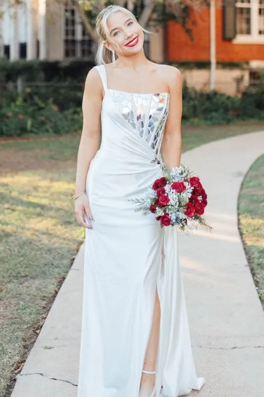 Valeria | White One Shoulder Square Neck Mirror-Cut Sequins Prom Dress With Slit sold by KissProm
