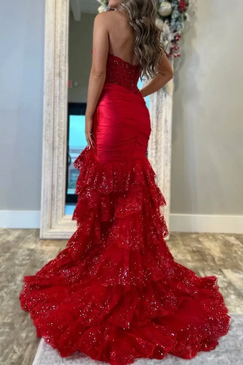 Evaluna | Red Strapless V-Neck Mermaid Pleated Layered Long Prom Dress With Slit sold by KissProm product image thumbnail 2