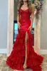 Evaluna | Red Strapless V-Neck Mermaid Pleated Layered Long Prom Dress With Slit sold by KissProm