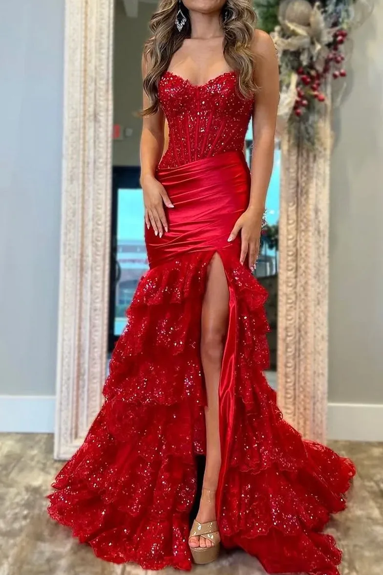 Evaluna | Red Strapless V-Neck Mermaid Pleated Layered Long Prom Dress With Slit sold by KissProm