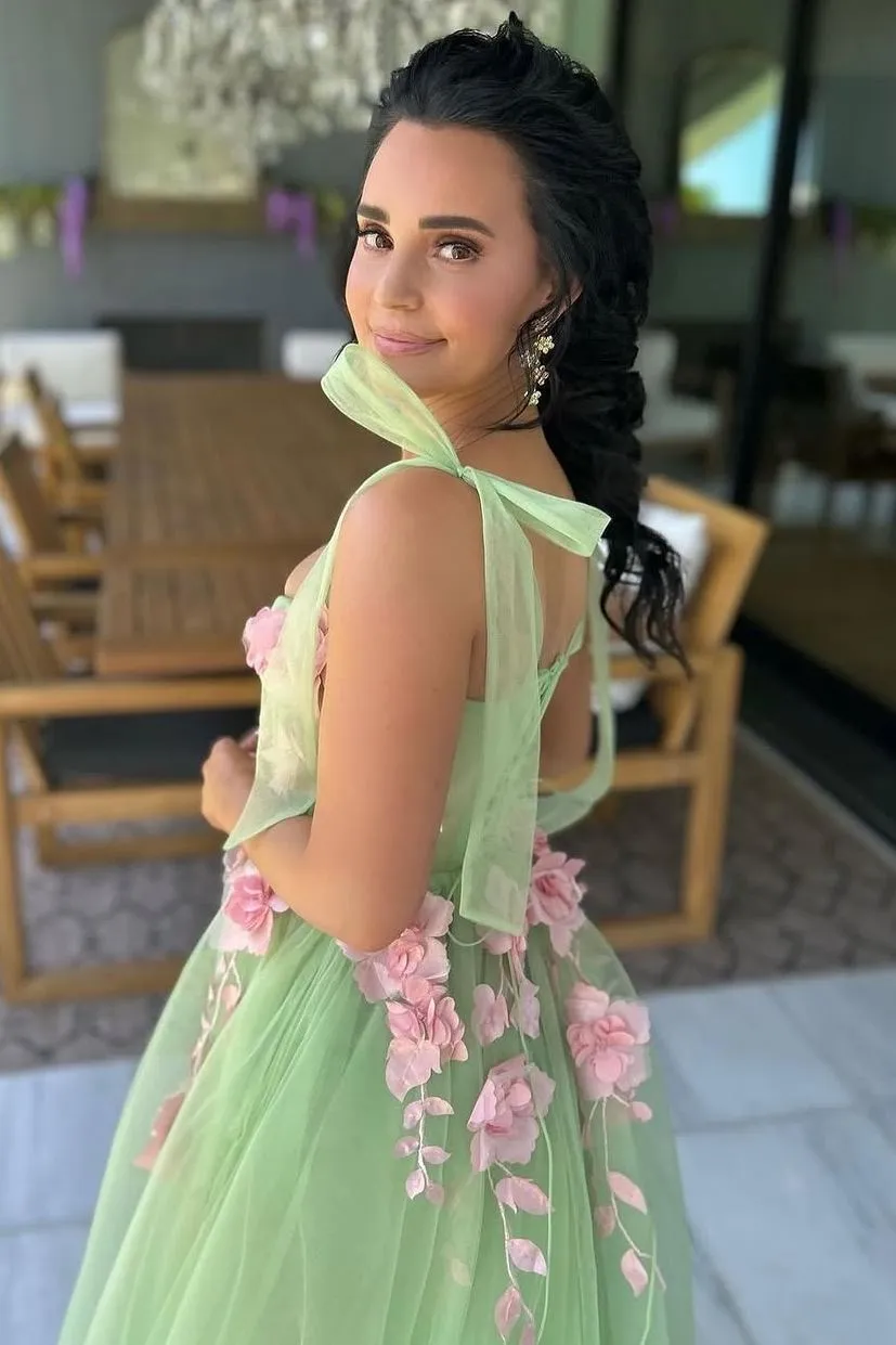 Taurus | Sweet Green A-Line Straps Sleeveless Appliques Tulle Long Prom Dress sold by KissProm product image thumbnail 3