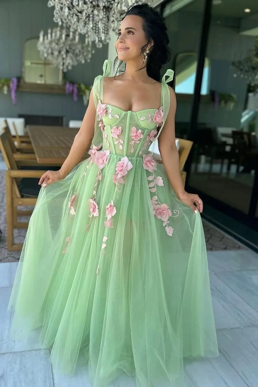 Taurus | Sweet Green A-Line Straps Sleeveless Appliques Tulle Long Prom Dress sold by KissProm