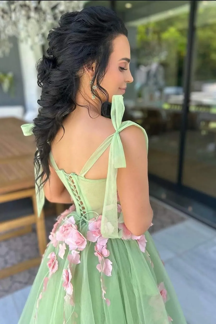 Taurus | Sweet Green A-Line Straps Sleeveless Appliques Tulle Long Prom Dress sold by KissProm product image thumbnail 2