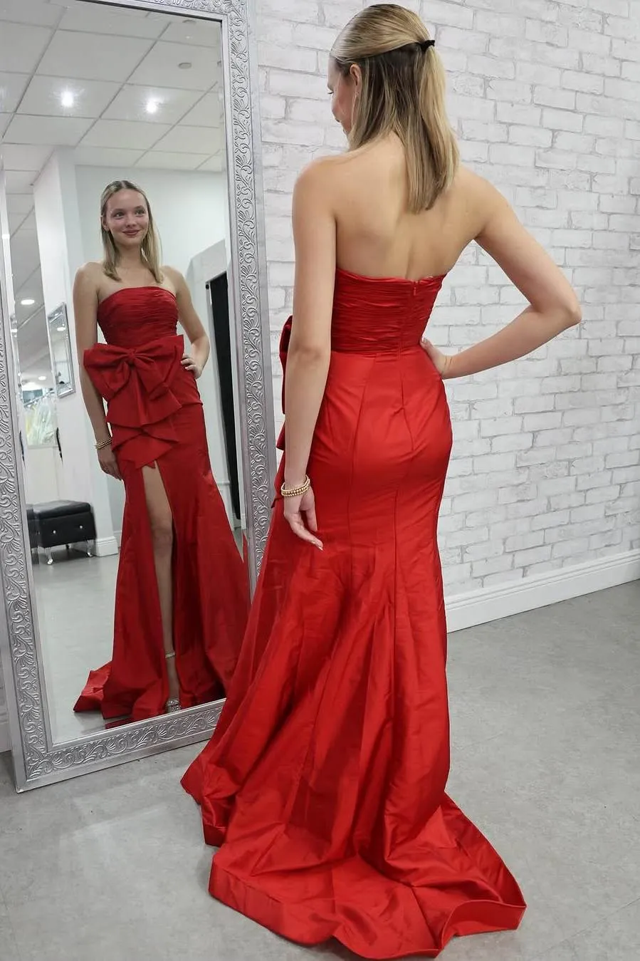 Elton | Red Strapless Mermaid Big Bow Satin Pleated Formal Prom Dress with Slit sold by KissProm product image thumbnail 2