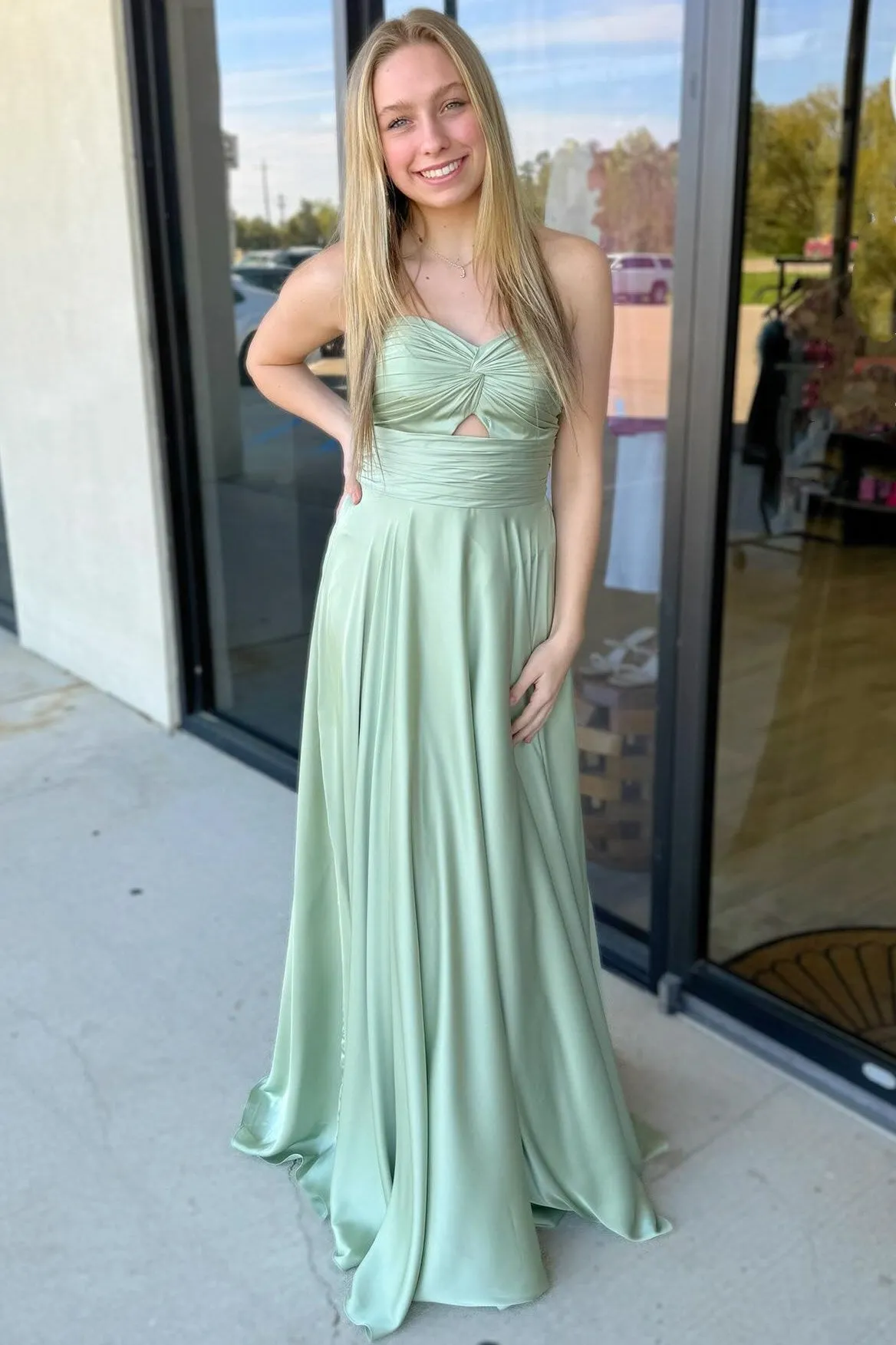 Enzley | Sage Strapless Twisted Knot Maxi Bridesmaid Dress sold by KissProm