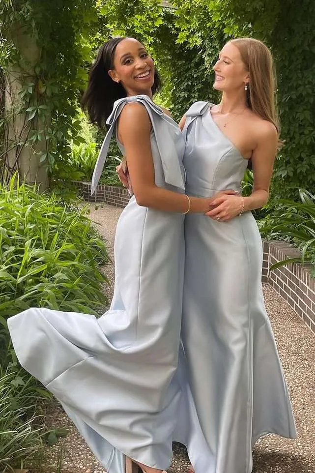 Seneca | Powder Blue One Shoulder Sheath Long Bridesmaid Dress sold by KissProm product image thumbnail 3
