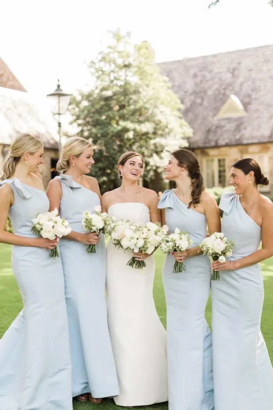 Seneca | Powder Blue One Shoulder Sheath Long Bridesmaid Dress sold by KissProm