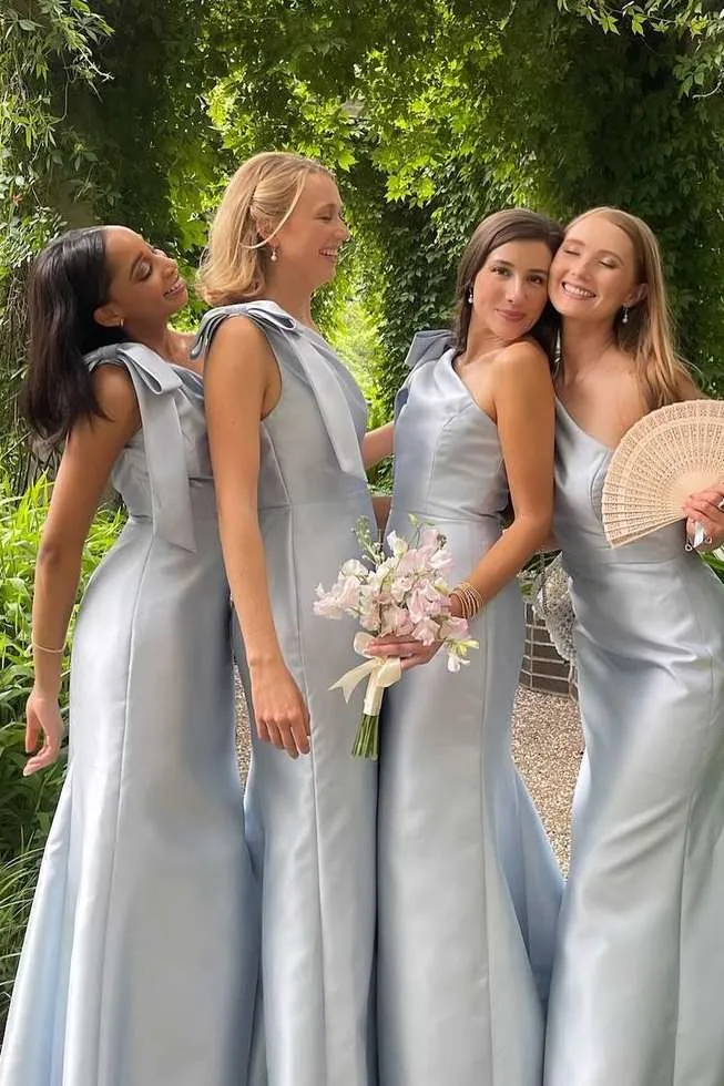 Seneca | Powder Blue One Shoulder Sheath Long Bridesmaid Dress sold by KissProm product image thumbnail 2
