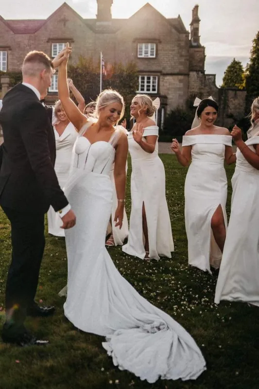 White Off-Shoulder Satin Pleats Long Bridesmaid Dress with Slit sold by KissProm