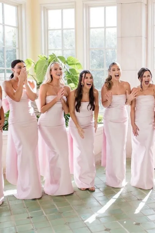 Geneal | Strapless Pink Scoop Pleated Satin Long Bridesmaid Dress With Big Bow sold by KissProm