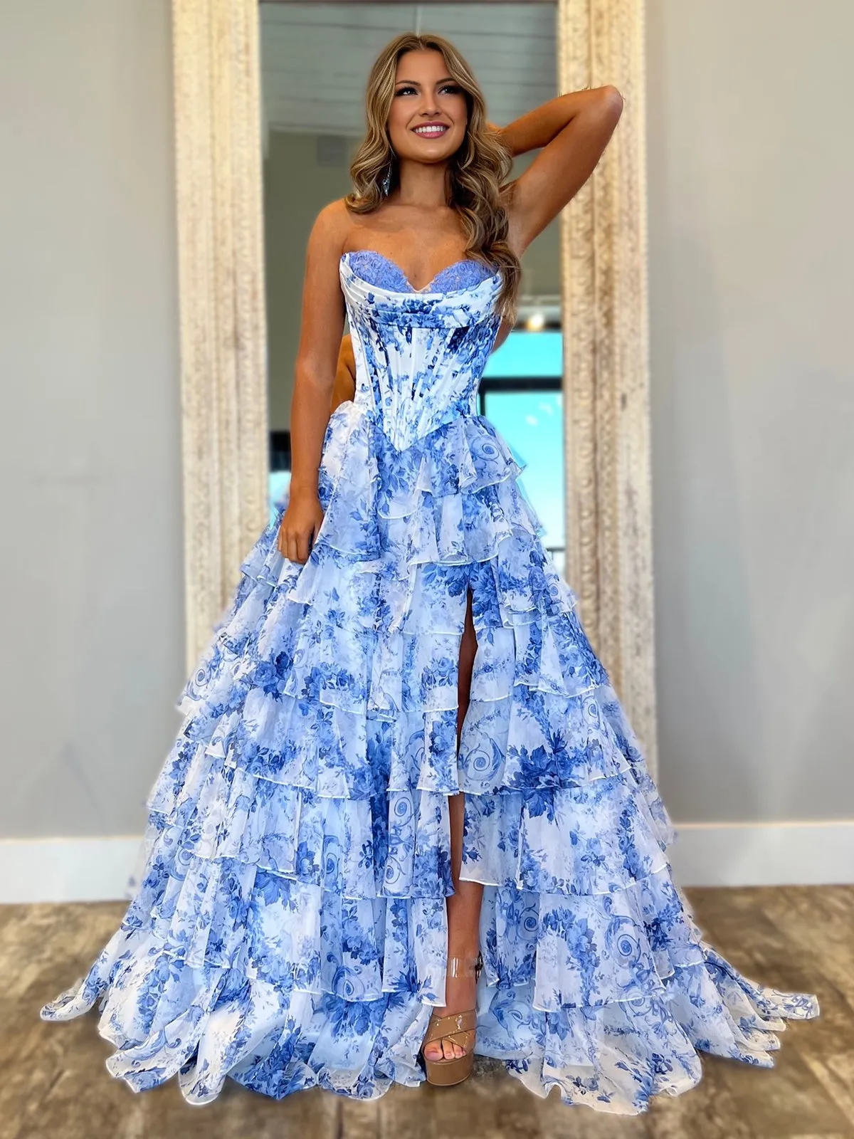 A-Line Blush Sweetheart Chiffon Floral Ruffled Prom Dress With Slit sold by KissProm product image thumbnail 4