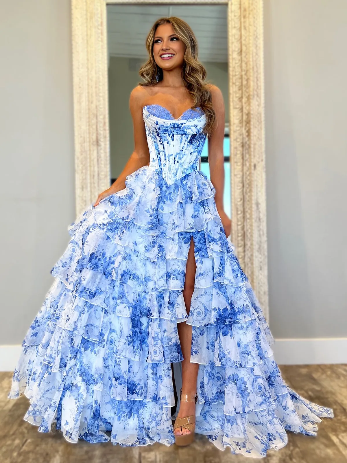 A-Line Blush Sweetheart Chiffon Floral Ruffled Prom Dress With Slit sold by KissProm product image thumbnail 3