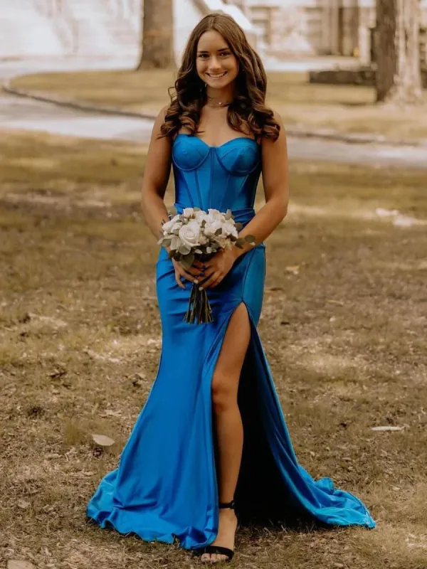 Alexia | Blue Satin Mermaid Long Formal Dress with Slit sold by KissProm
