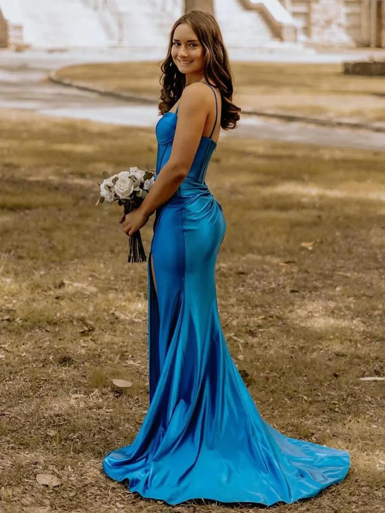 Alexia | Blue Satin Mermaid Long Formal Dress with Slit sold by KissProm product image thumbnail 2