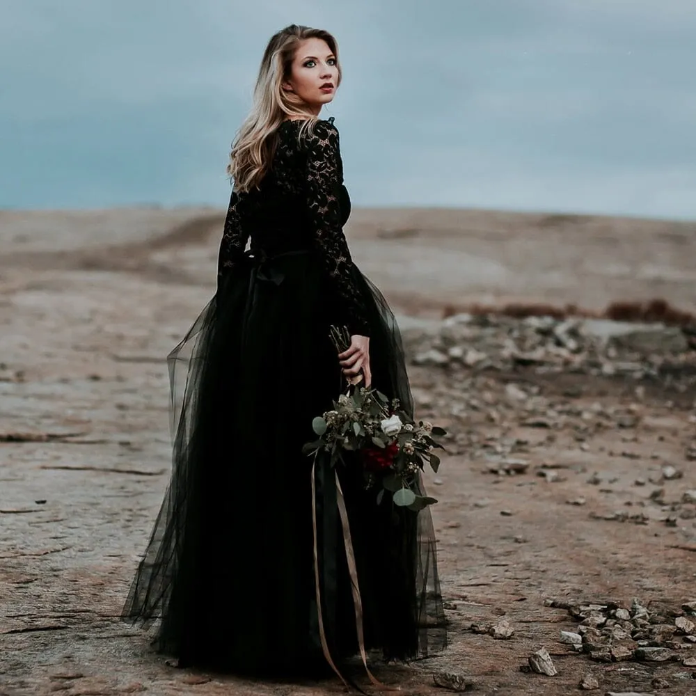 A-Line Black Lace Appliqued Wedding Dress With Train sold by KissProm product image thumbnail 4