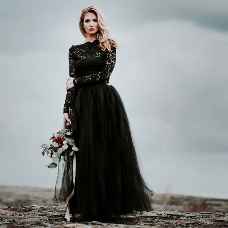 A-Line Black Lace Appliqued Wedding Dress With Train sold by KissProm