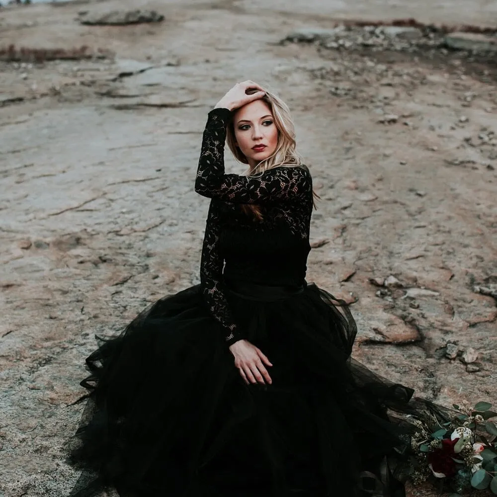 A-Line Black Lace Appliqued Wedding Dress With Train sold by KissProm product image thumbnail 5